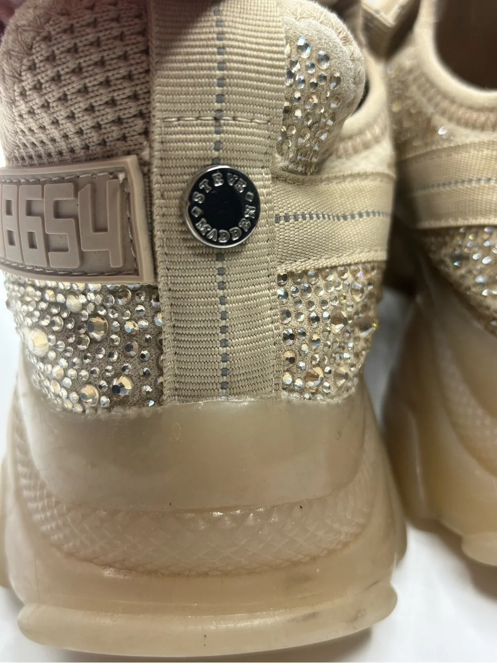 Steve Madden Maxima Beige Rhinestone Sneakers Monochrome Chunky 7.5 Maximalist
